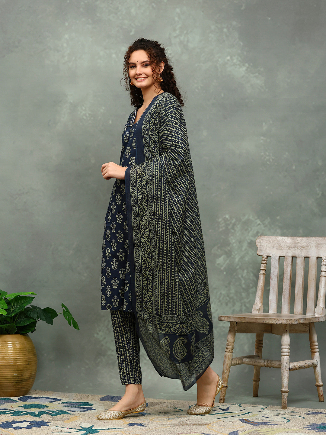 Printed Cotton Blend Kurta With Pants & Dupatta