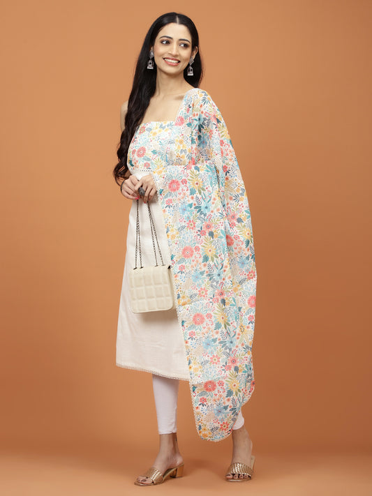 Neck Printed Cotton Unstitched Suit Piece With Dupatta