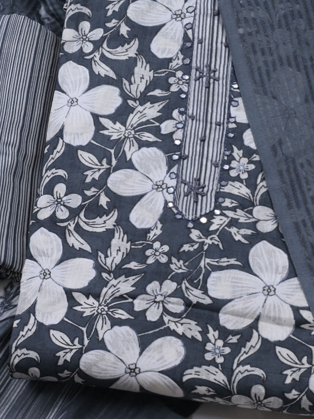 Floral Printed Cotton Blend Unstitched Suit With Dupatta