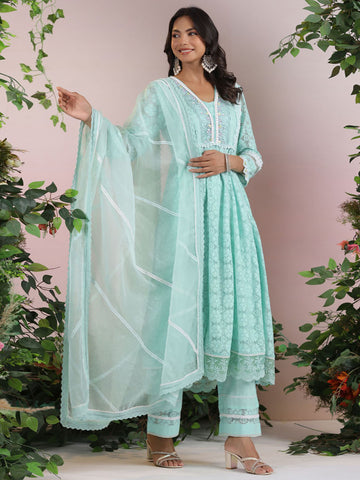 Cotton Blend Anarkali Embroidered Suit Set With Lace