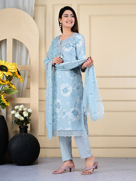 Neck Embroidered Cotton Blend Kurta With Pants & Dupatta