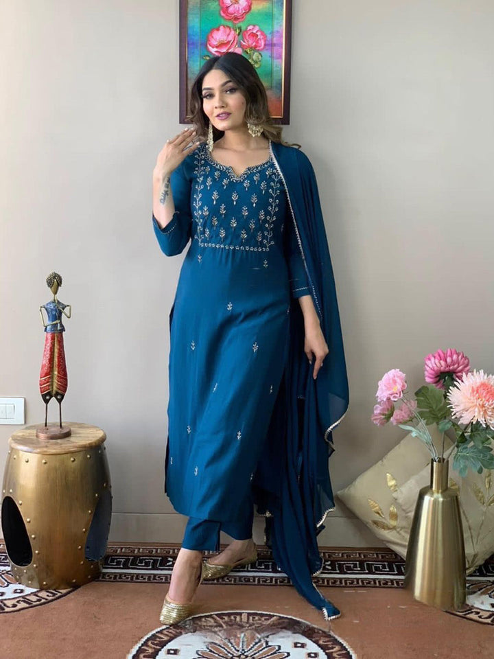 Neck Embroidery Cotton Blend Kurta With Pants &amp; Dupatta