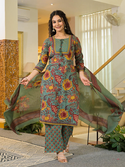 Printed Cotton Blend Kurta With Pants & Dupatta