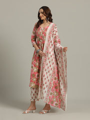 Floral Printed Cotton Blend Anarkali Kurta With Pants & Dupatta