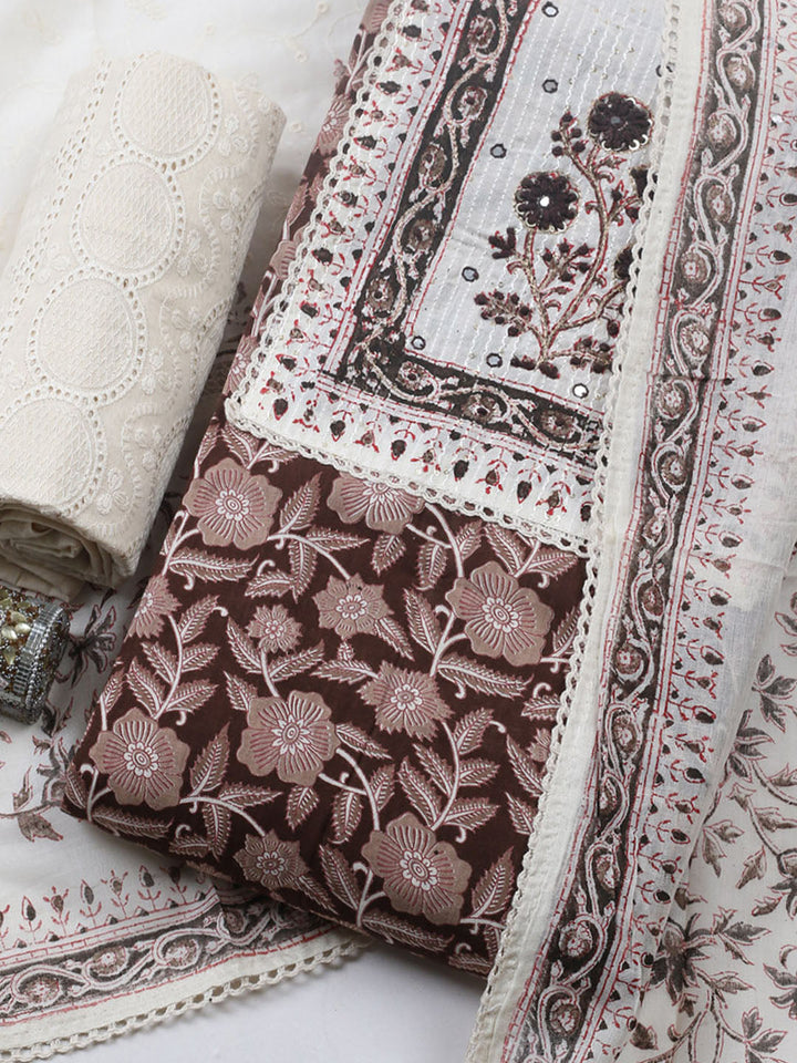 Embroidered Cotton Blend Unstitched Suit With Pant &amp; Dupatta