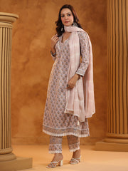 Printed Cotton Blend Kurta With Pants & Dupatta