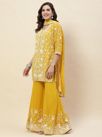 Resham Embroidery Georgette Kurta With Sharara & Dupatta