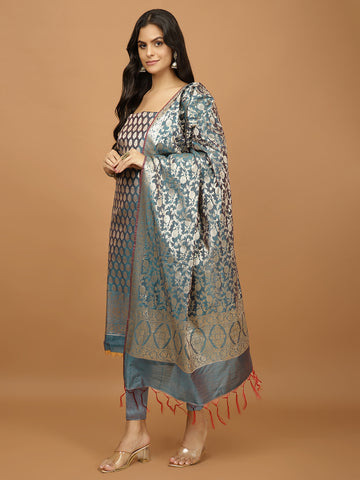 Woven Banarasi Chanderi Unstitched Suit With Dupatta