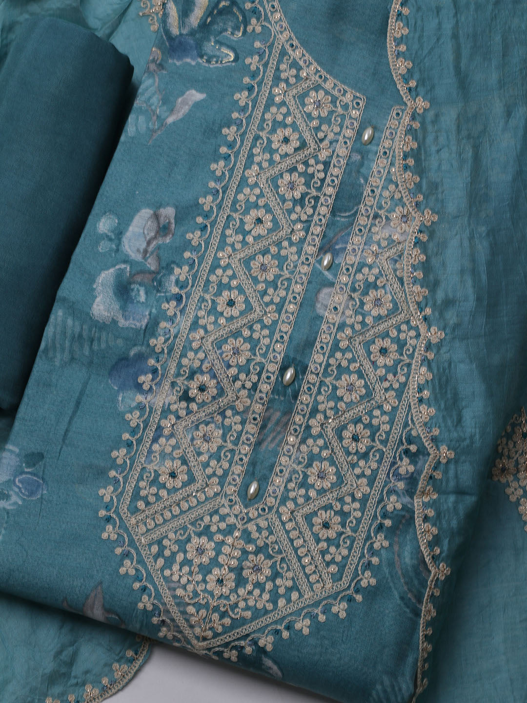 Neck Embroidered Chanderi Unstitched Suit With Dupatta