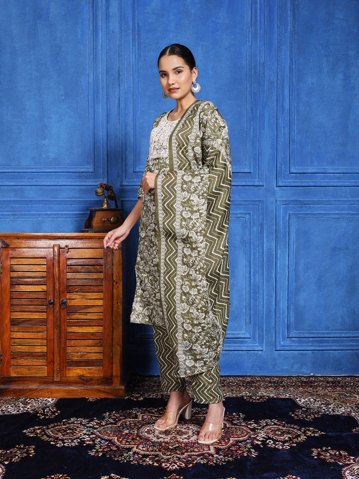 Printed Cotton Blend Kurta With Pants &amp; Dupatta