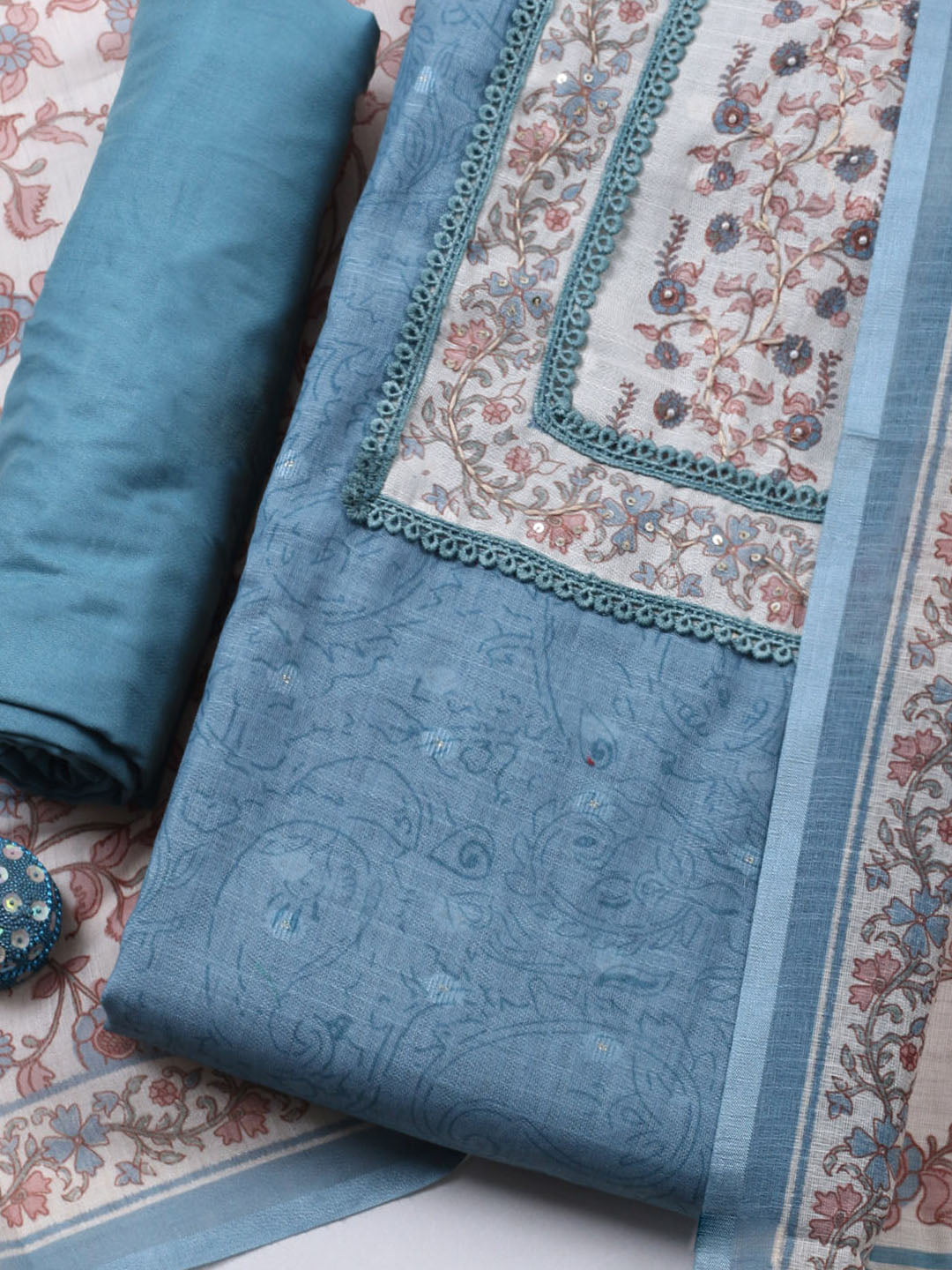 Embroidered Cotton Blend Unstitched Suit With Pant &amp; Dupatta