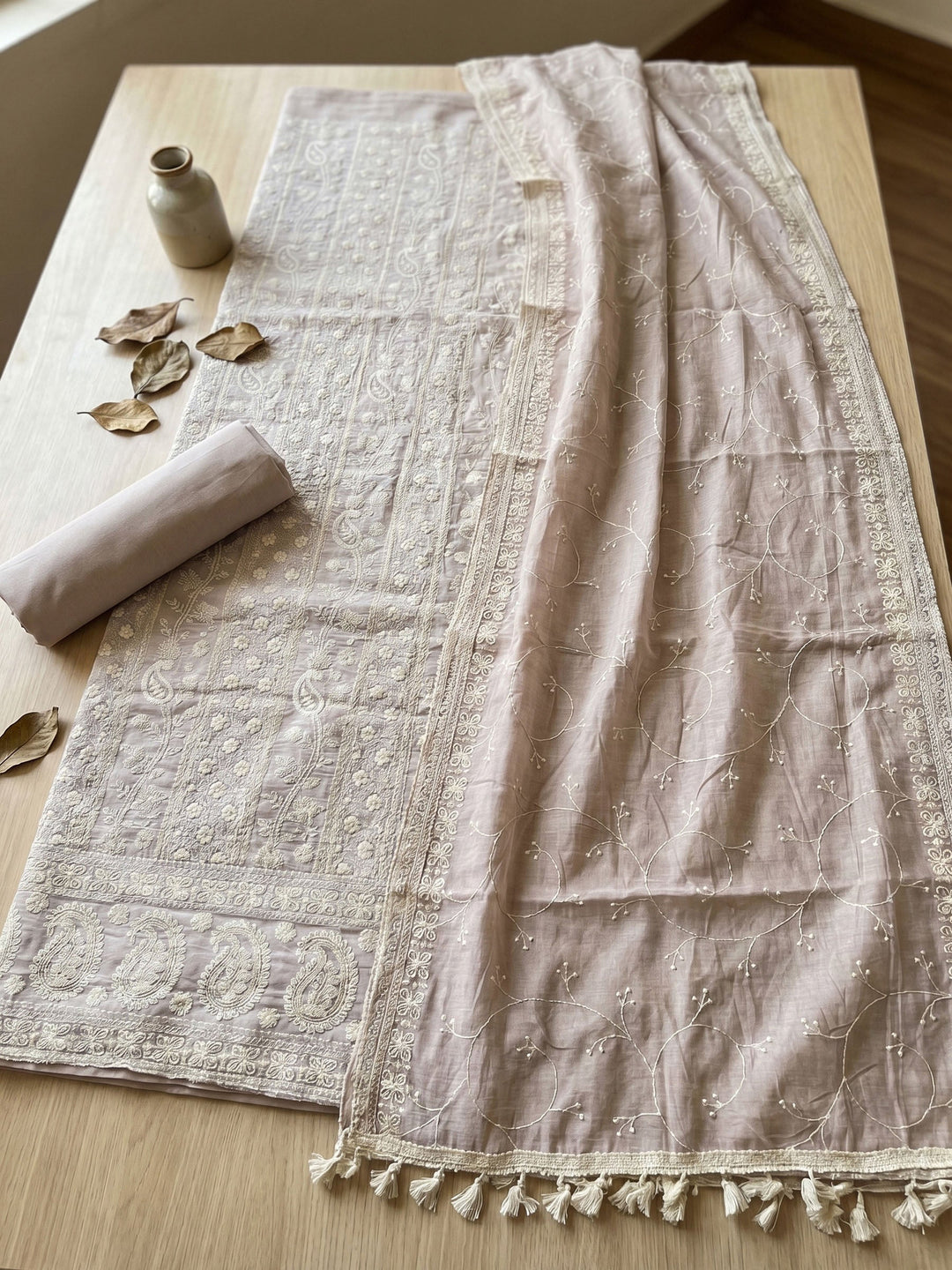 Thread Embroidered Cotton Blend Unstitched Suit With Dupatta