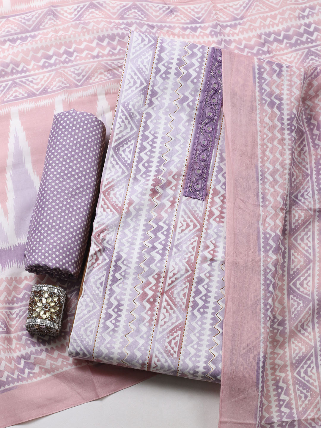 Printed Cotton Blend Unstitched Suit With Pant &amp; Dupatta