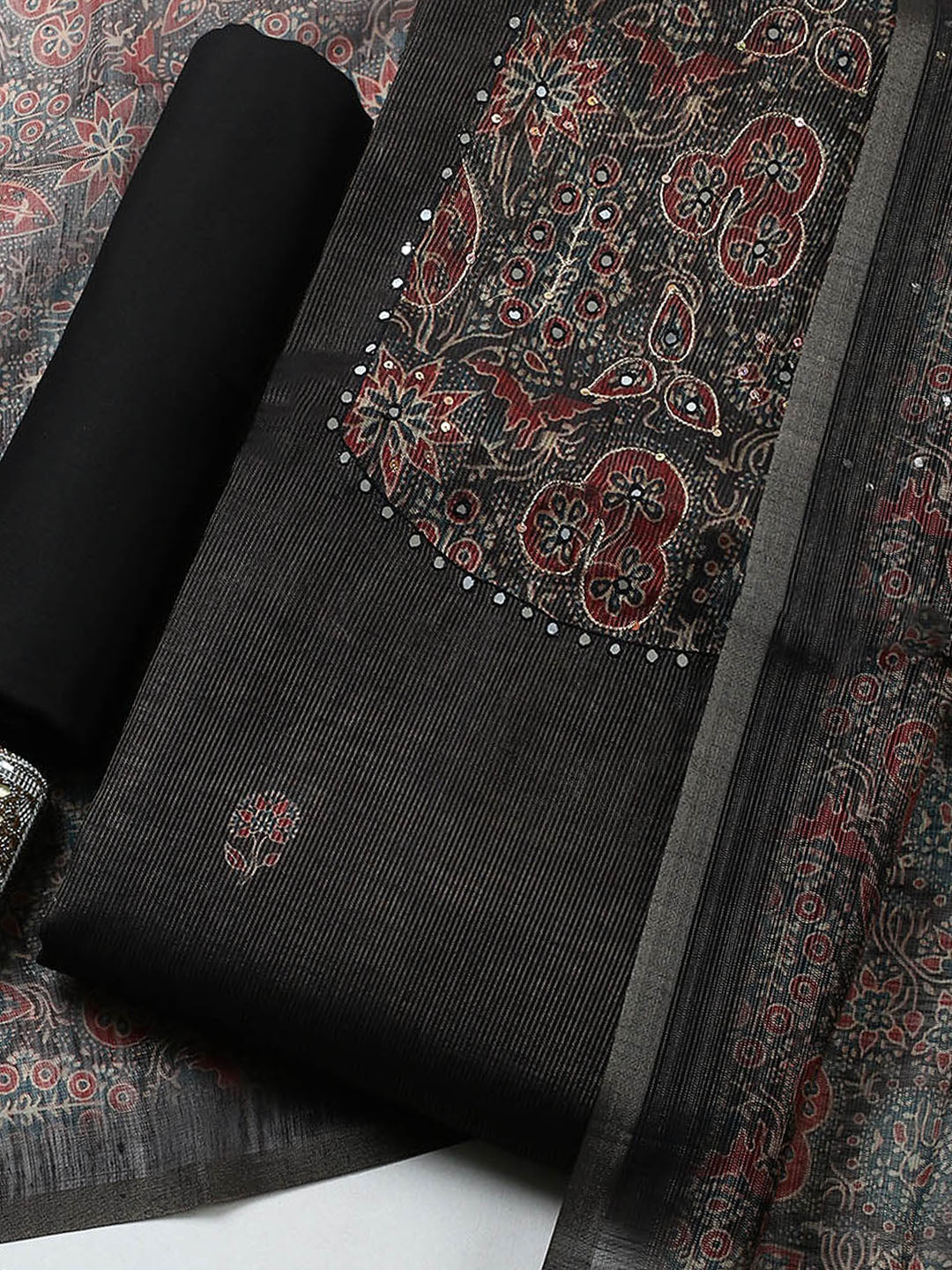 Embroidered Chanderi Unstitched Suit With Pant &amp; Dupatta
