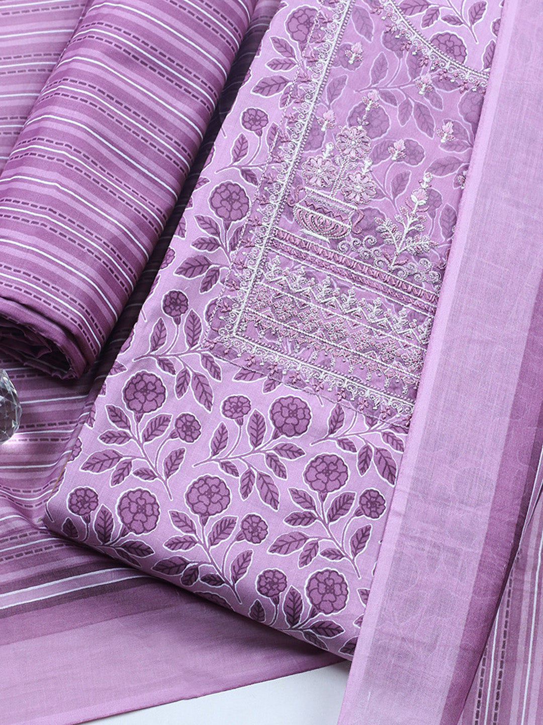 Embroidered Cotton Blend Unstitched Suit With Pant &amp; Dupatta