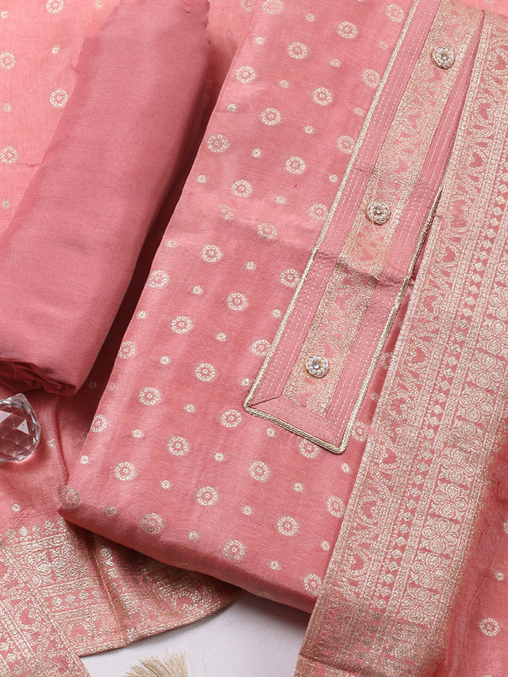 Embroidered Chanderi Unstitched Suit With Pant &amp; Dupatta