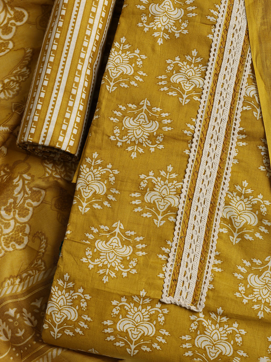 Patch Neck Cotton Blend Unstitched Suit With Dupatta