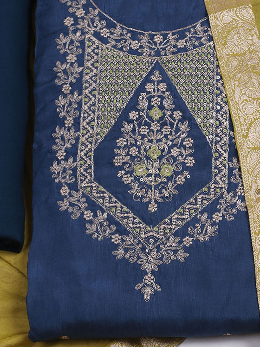 Neck Embroidered Chanderi Unstitched Suit Piece With Dupatta