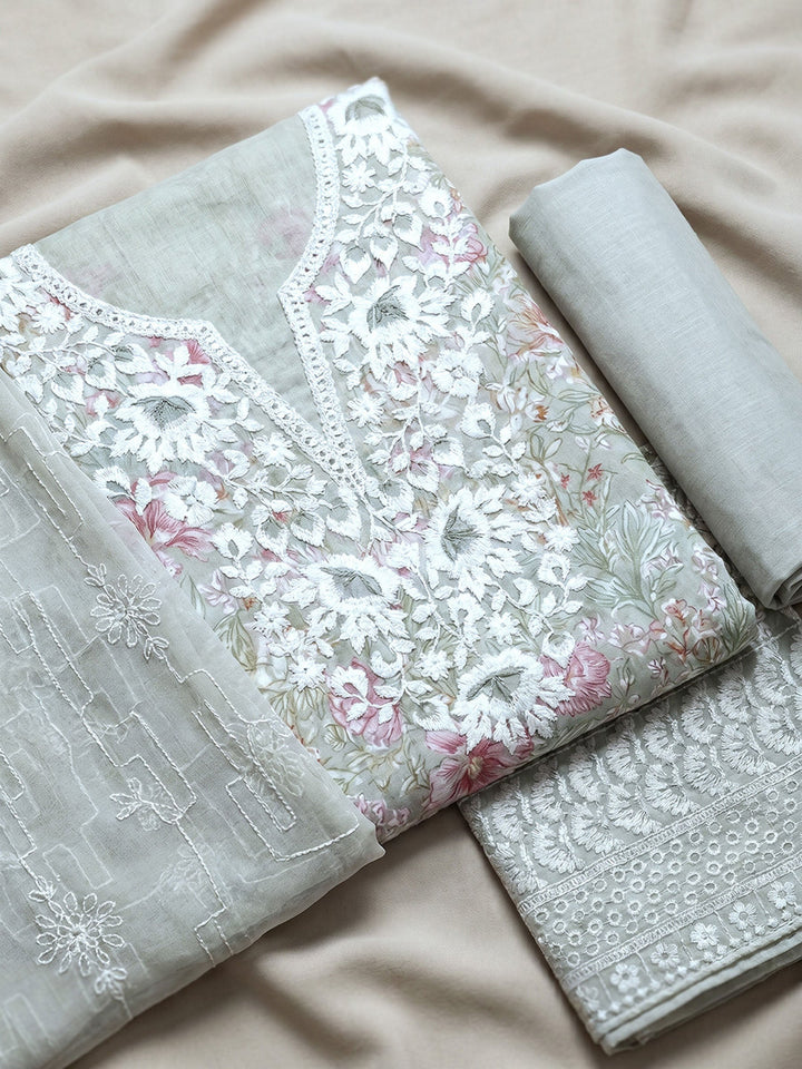 Neck Embroidered Cotton Blend Unstitched Suit With Dupatta