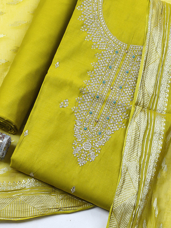 Embroidered Chanderi Unstitched Suit With Pant &amp; Dupatta