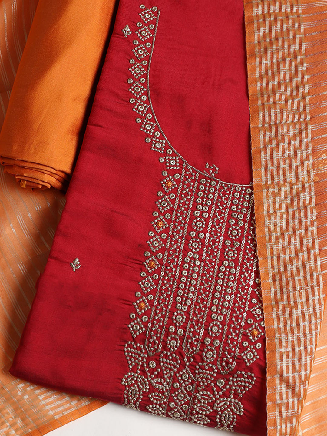 Neck Embroidered Chanderi Unstitched Suit With Dupatta
