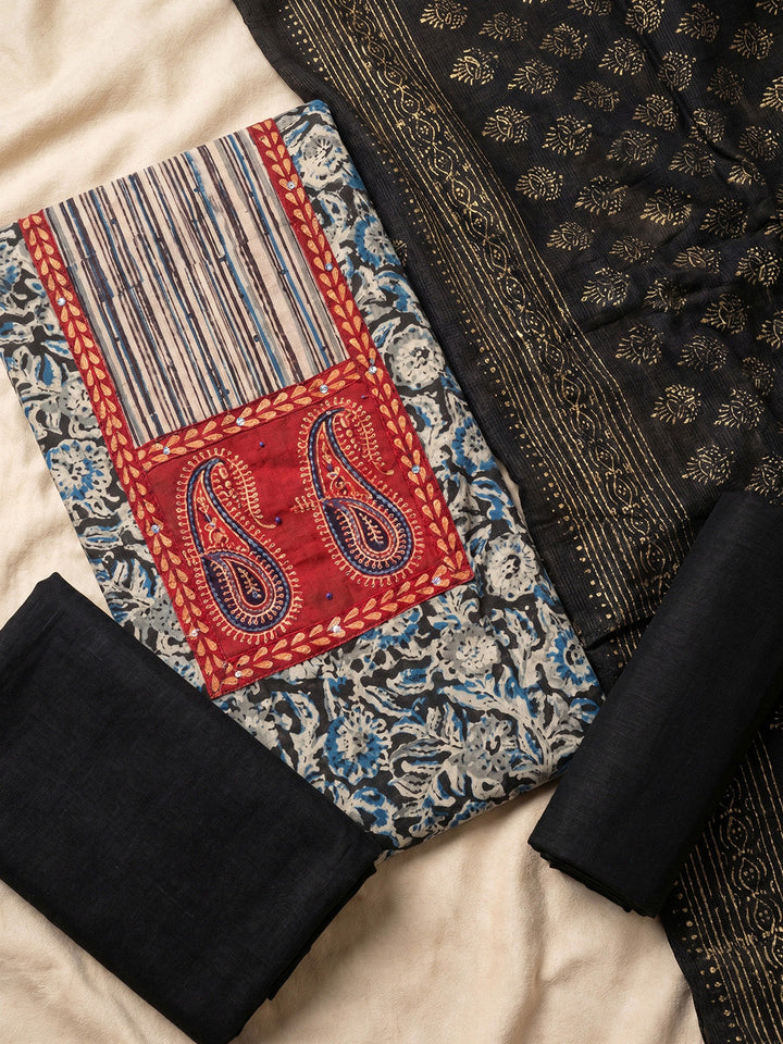 Printed Cotton Blend Unstitched Suit With Pant &amp; Dupatta