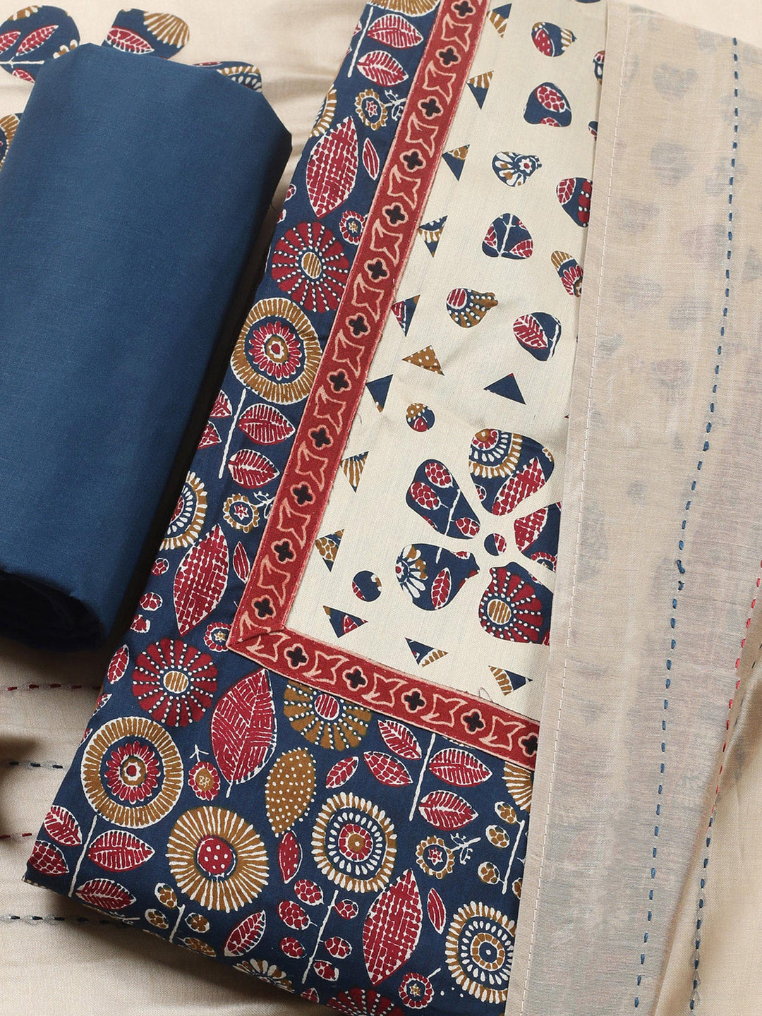 Embroidered, Cotton Blend Unstitched Suit With Pant &amp; Dupatta