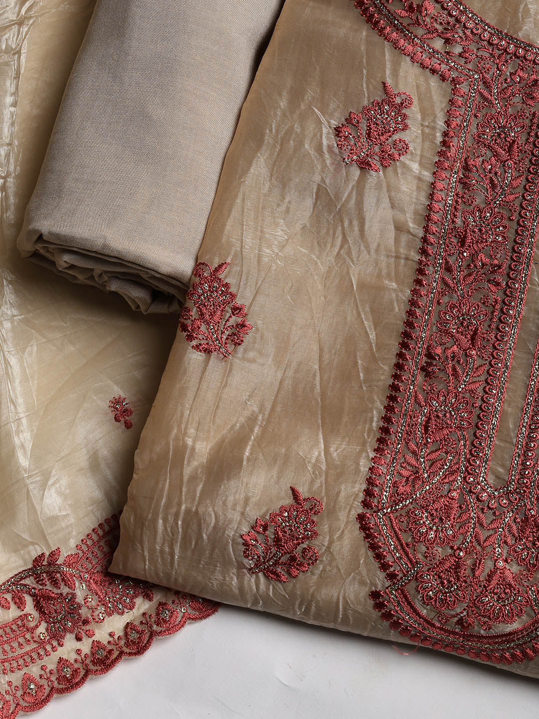 Neck Embroidered Organza Unstitched Suit With Dupatta
