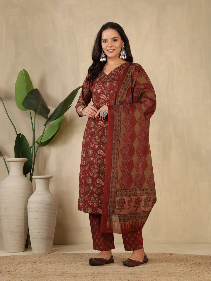 Printed Cotton Blend Suit With Pant &amp; Dupatta