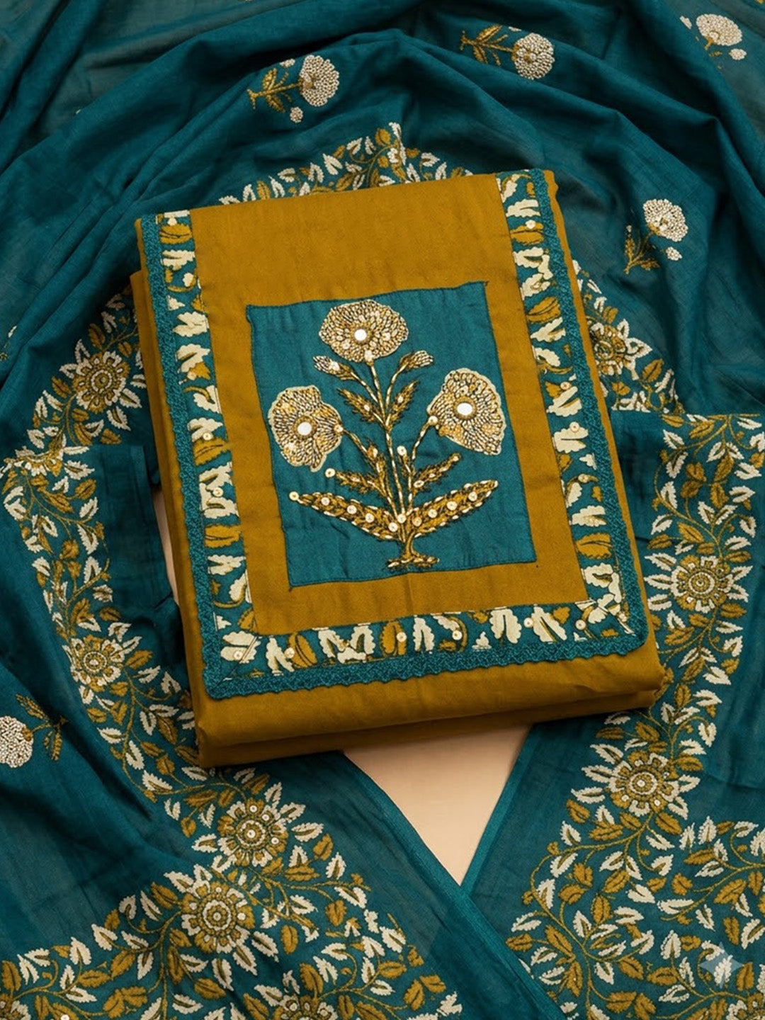 Mehndi Cotton Blend Embroidered Unstitched Dress Material
