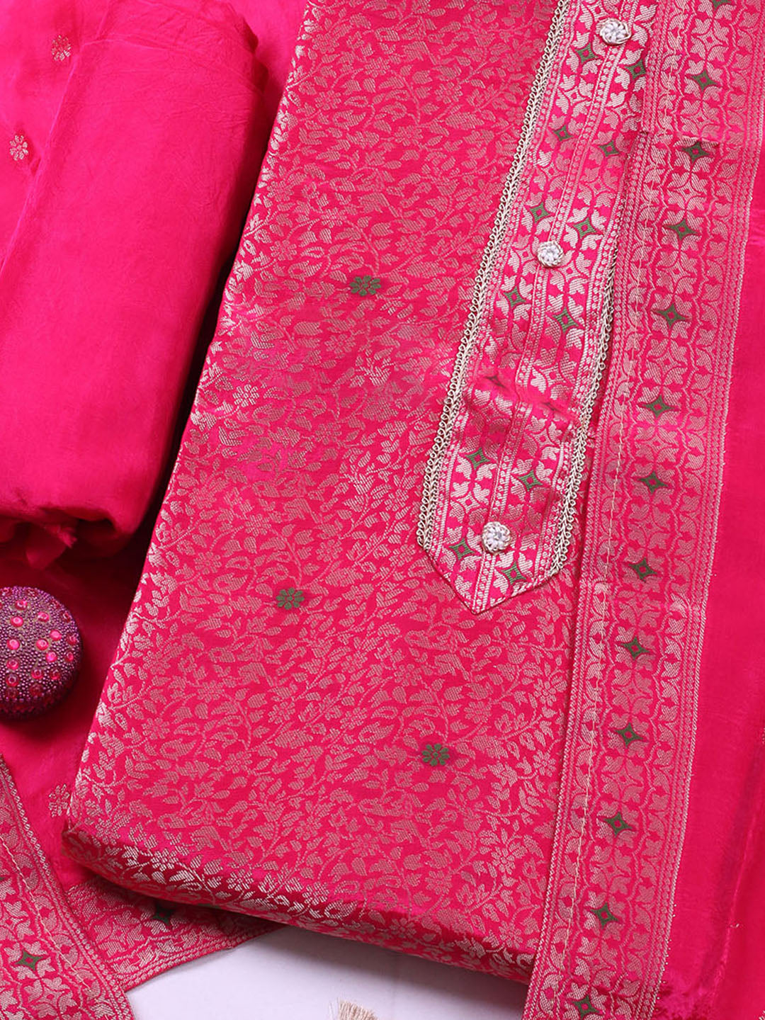 Embroidered Chanderi Unstitched Suit With Pant &amp; Dupatta