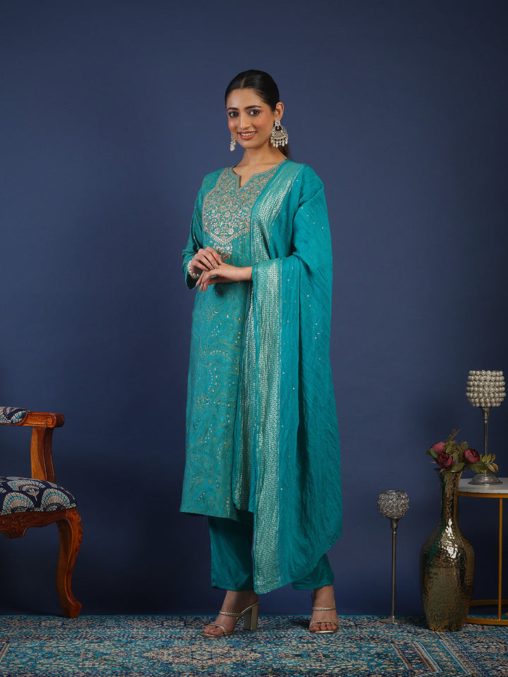 Printed Chanderi Kurta With Pant &amp; Dupatta