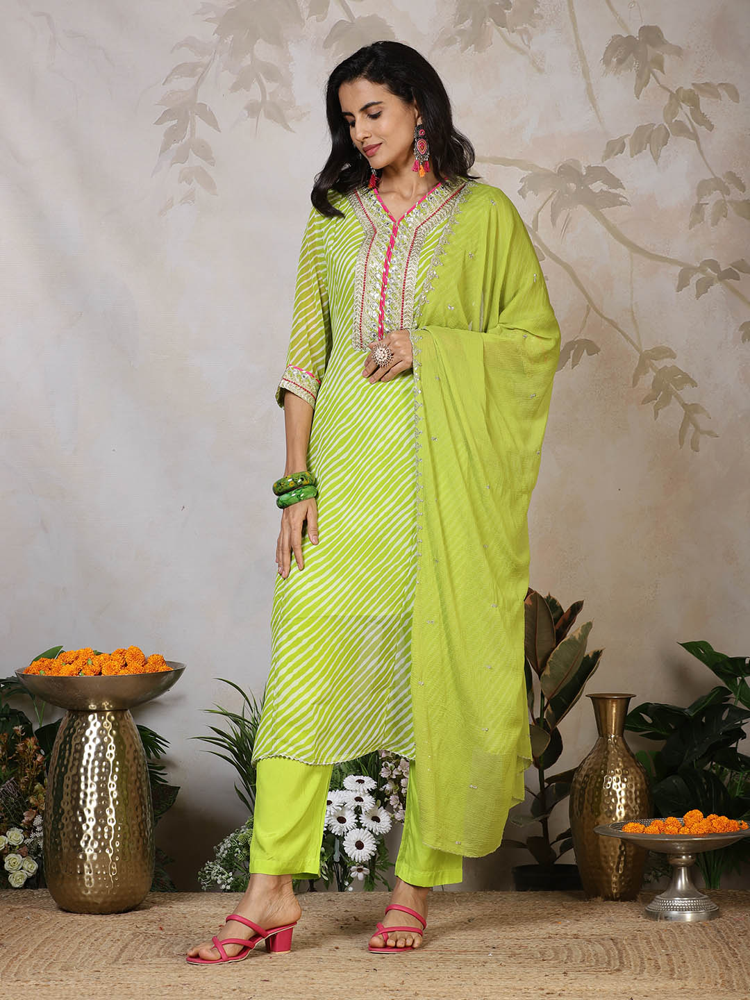 Embroidered Georgette Kurta With Pants &amp; Dupatta