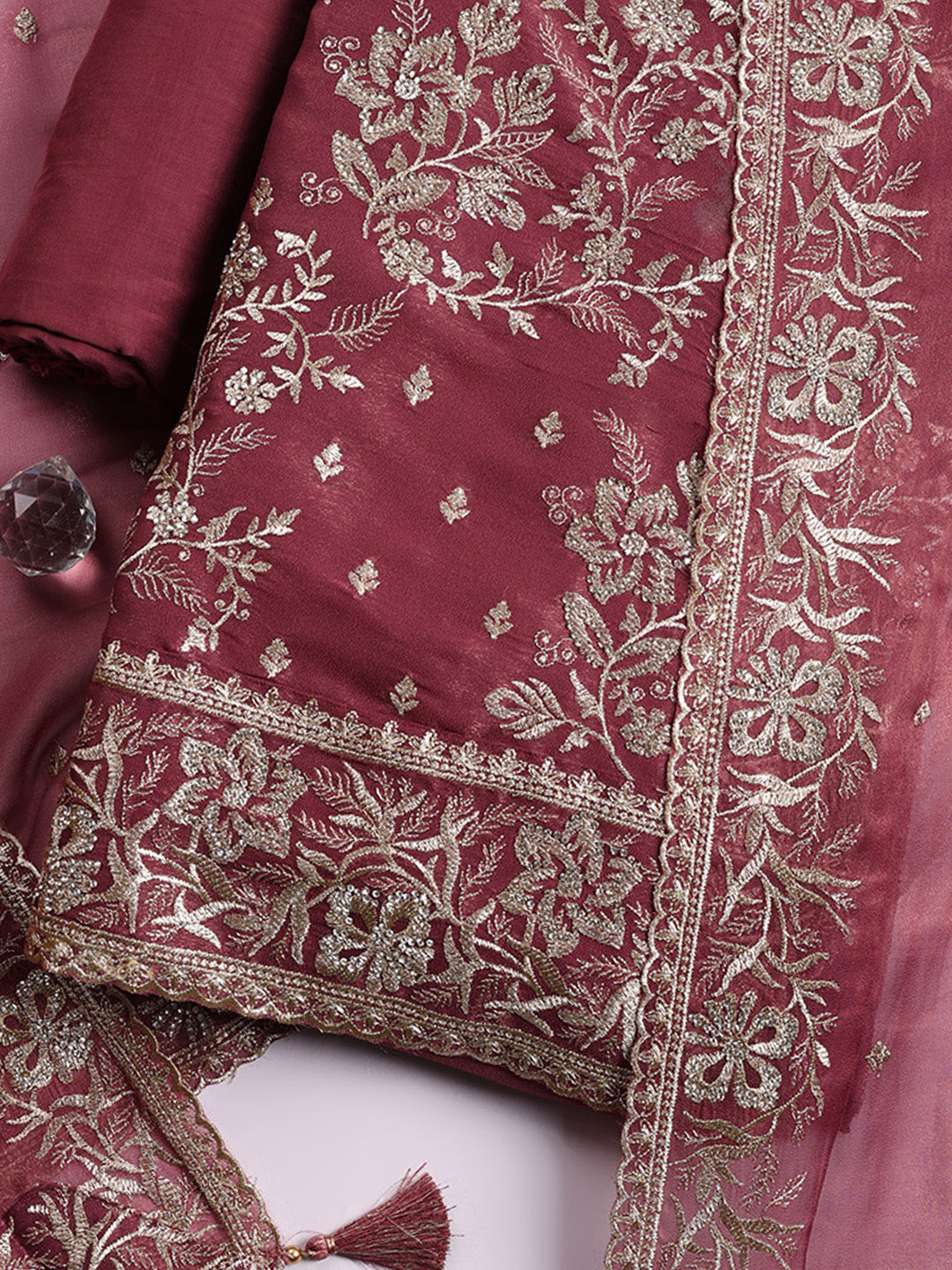 Embroidered Tissue Unstitched Suit With Pant &amp; Dupatta
