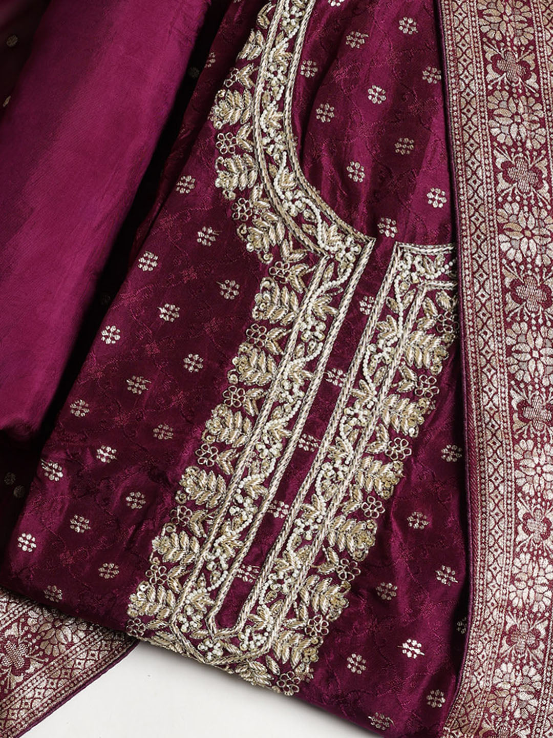 Neck Embroidered Chanderi Unstitched Suit With Dupatta