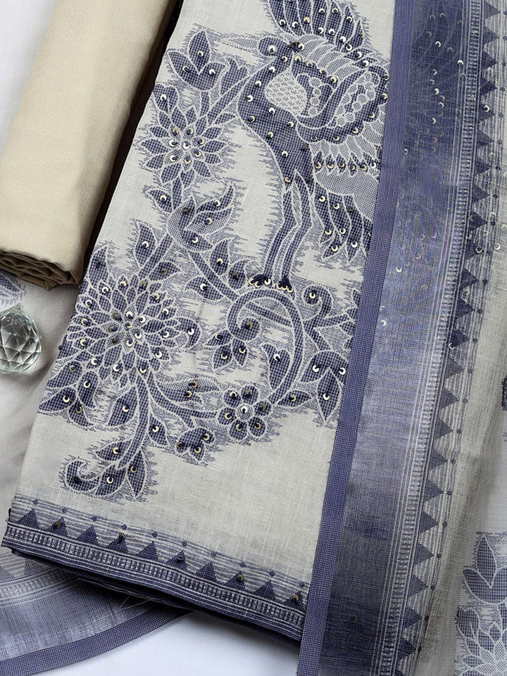 Printed Linen Blend Unstitched Suit With Pant &amp; Dupatta