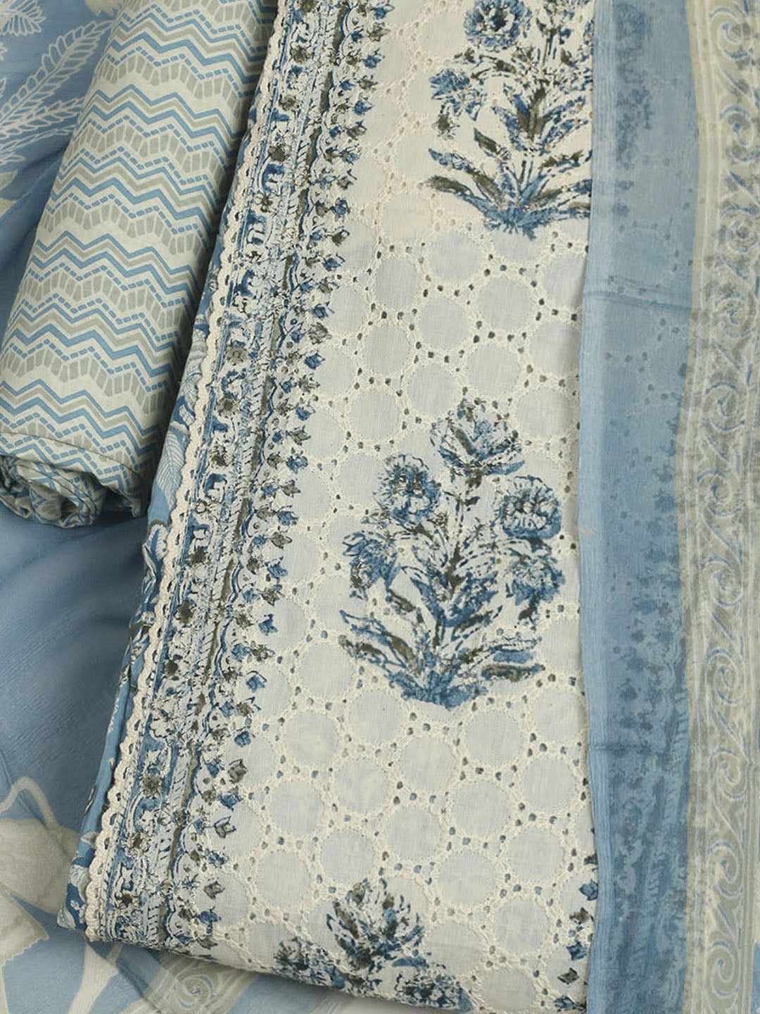 Printed Cotton Unstitched Suit With Pant &amp; Dupatta