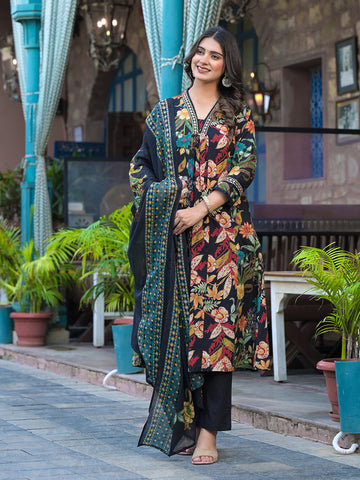 Digital Printed Cotton Blend Kurta With Pants & Dupatta