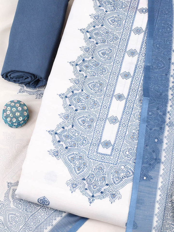 Printed Cotton Blend Unstitched Suit With Pant &amp; Dupatta