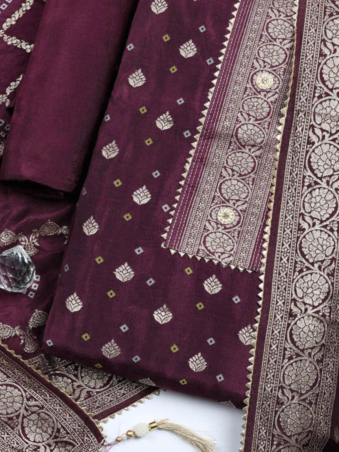 Embroidered Chanderi Unstitched Suit With Pant &amp; Dupatta