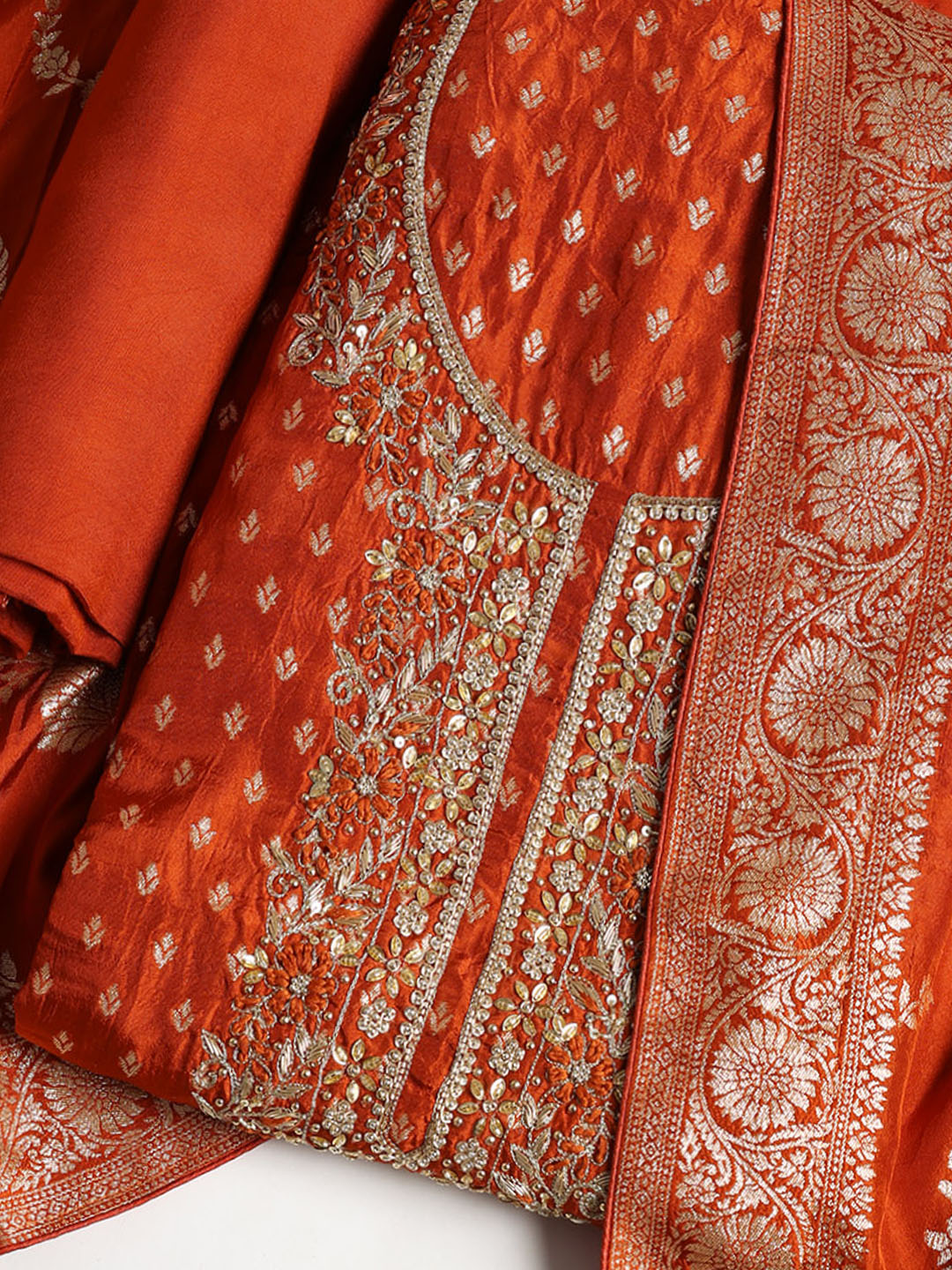 Neck Embroidered Chanderi Unstitched Suit With Dupatta