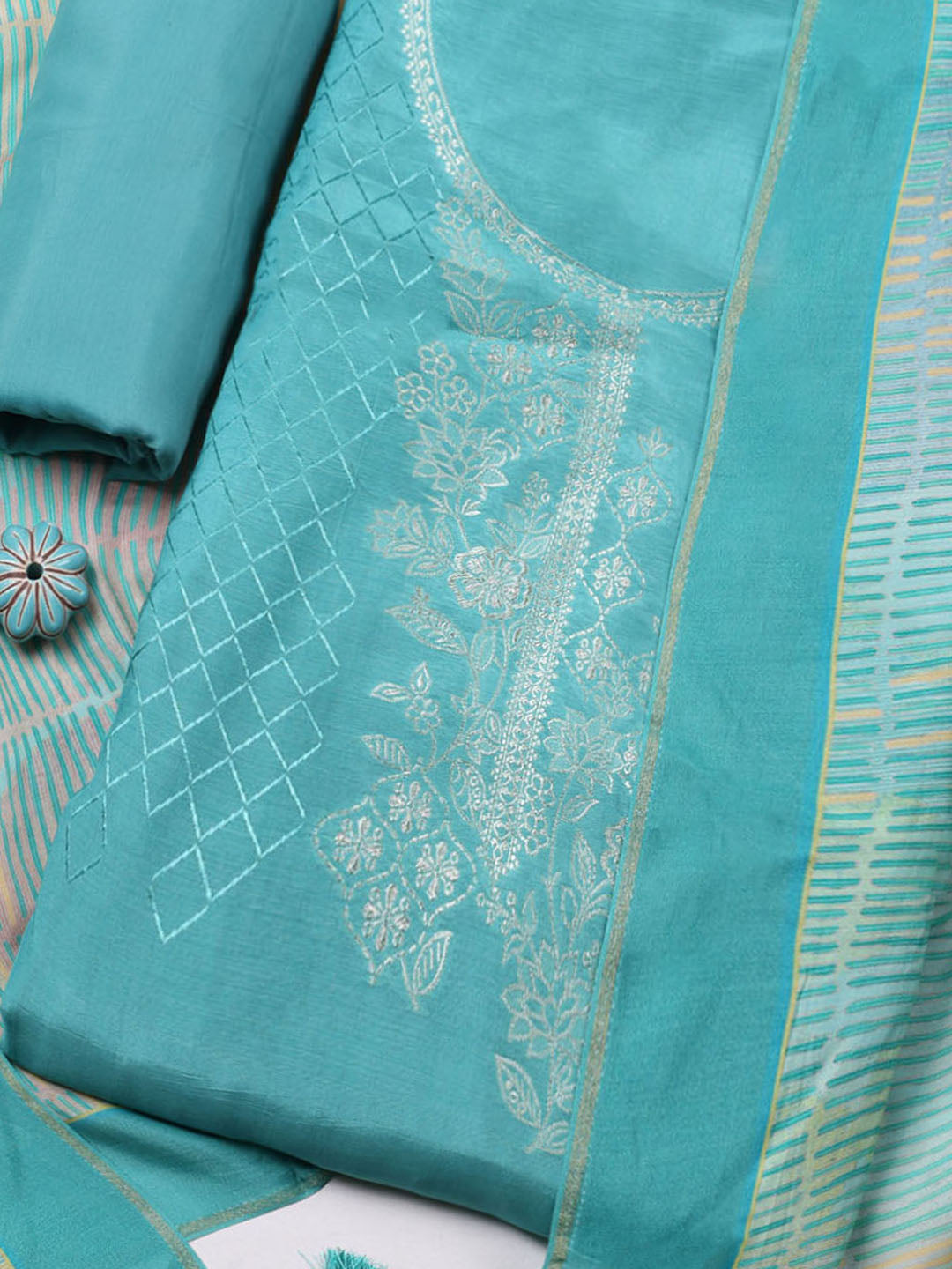 Embroidered Art Silk Unstitched Suit With Pant &amp; Dupatta