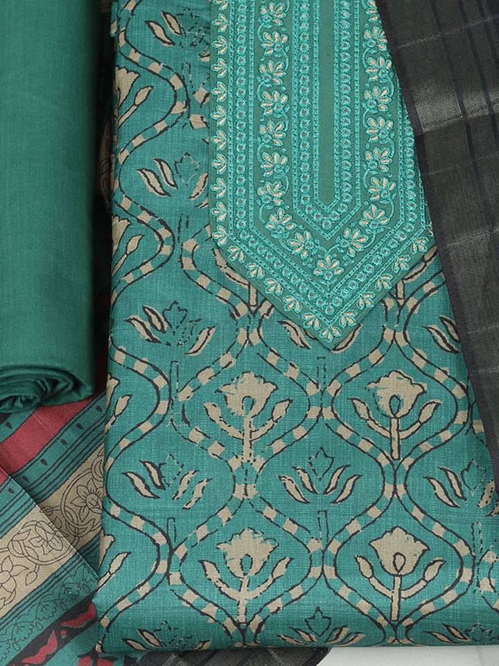 Embroidered Chanderi Unstitched Suit With Pant &amp; Dupatta
