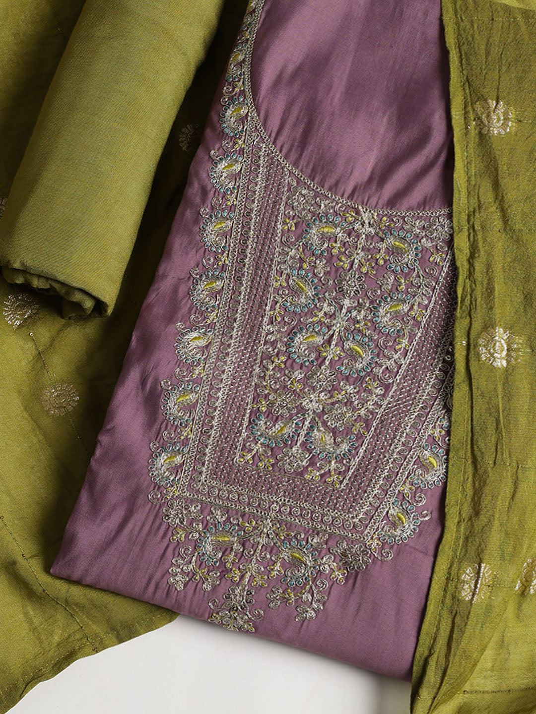 Neck Embroidered Cotton Blend Unstitched Suit With Dupatta