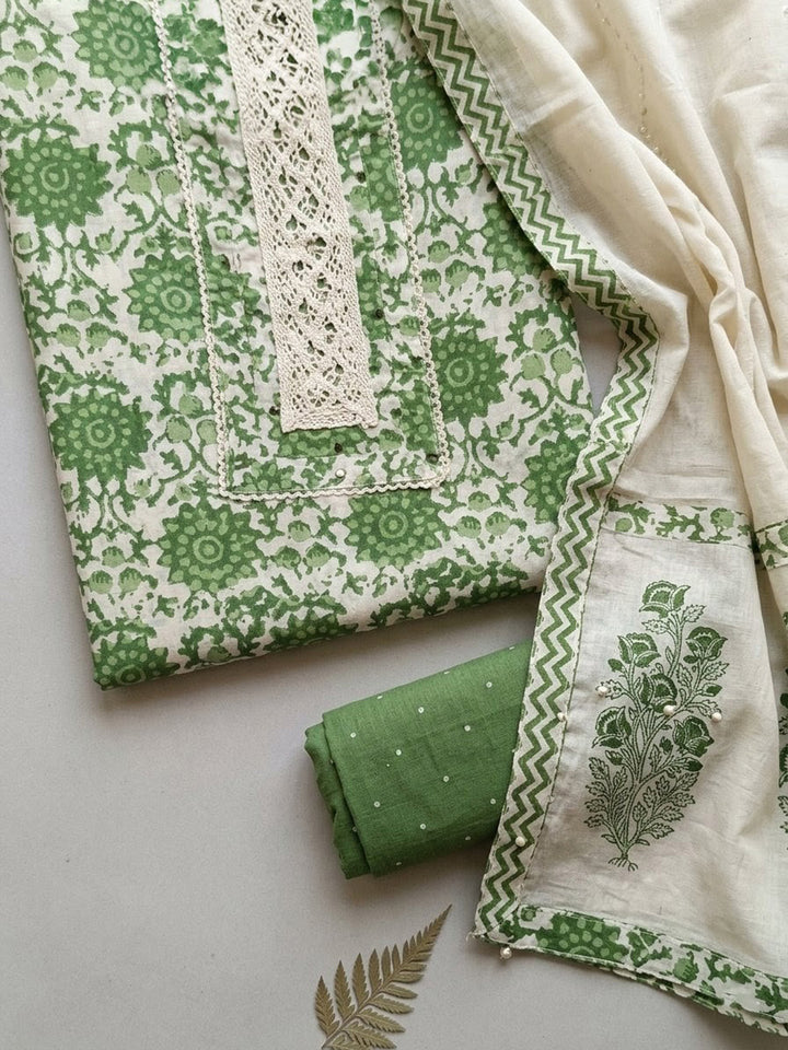 Embroidered Cotton Blend Unstitched Suit With Pant &amp; Dupatta