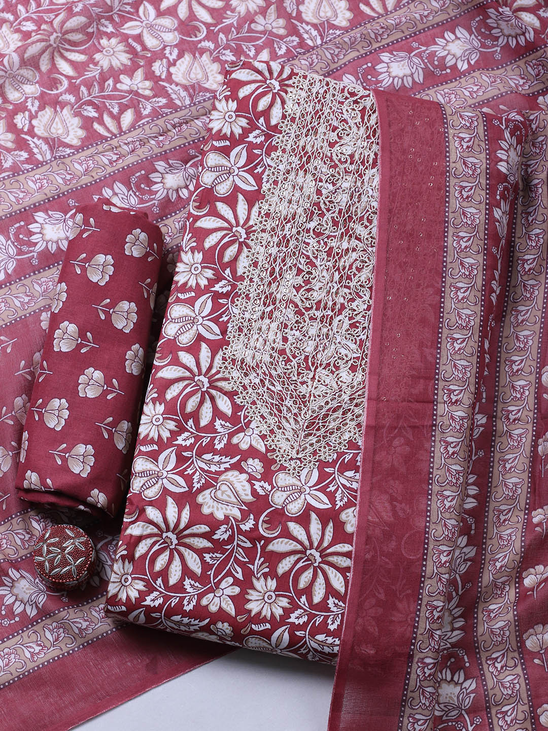 Printed Cotton Blend Unstitched Suit With Pant &amp; Dupatta