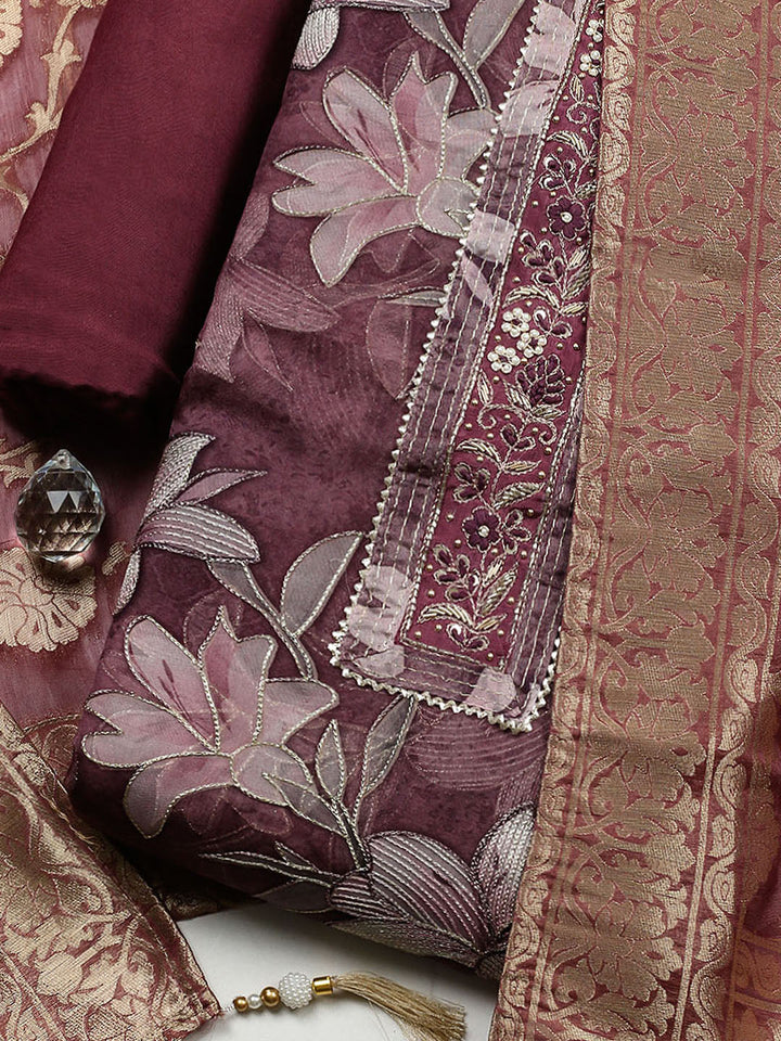 Embroidered Organza Unstitched Suit With Pant &amp; Dupatta