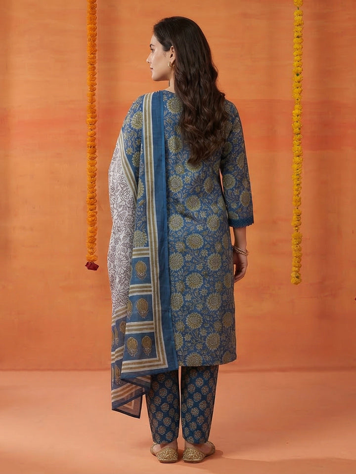 Printed Cotton Blend Kurta With Pant &amp; Dupatta