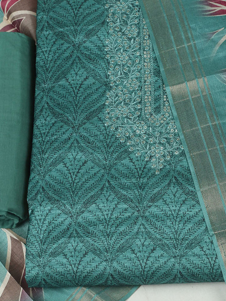 Embroidered Cotton Unstitched Suit With Pant &amp; Dupatta