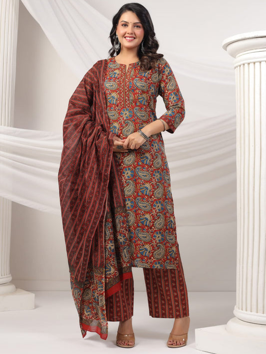 Printed Cotton Blend Kurta With Pants & Dupatta